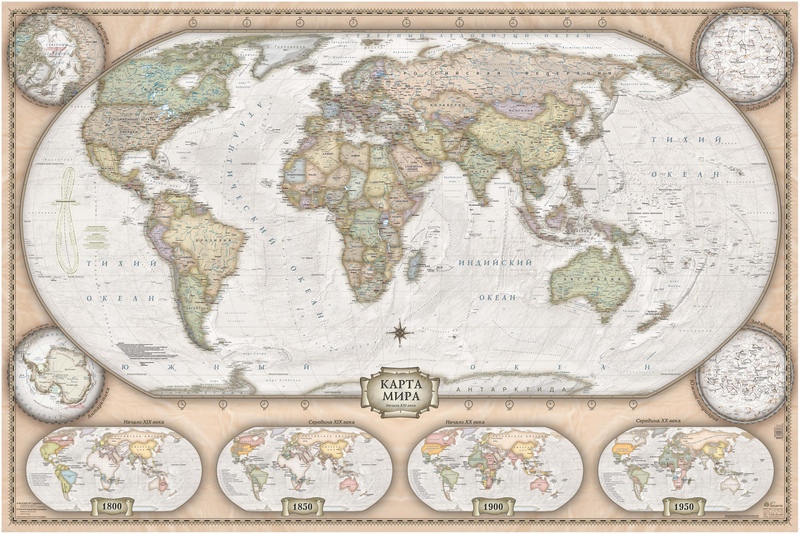 Карта мира -Ретро стиль на жёсткой основе в дерев.рамке