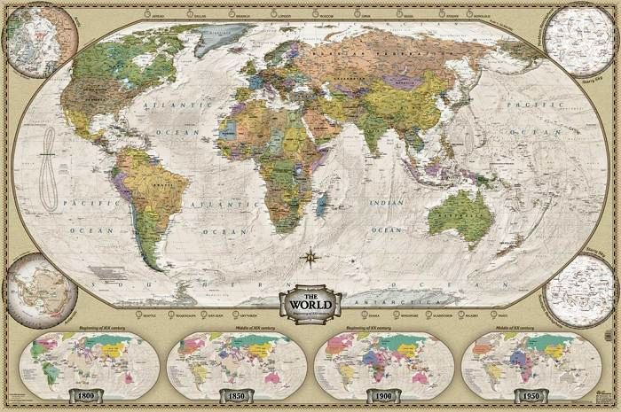 Насте��ные карты мира Ретро-Стиль: Политическая карта мира 1:35 ретро наанглийском языке на рейках