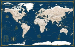 Дизайнерская карта мира на жёсткой основе в деревянном багете